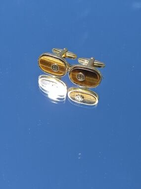 Vintage Alfred Dunhill Gold Plated Oval Tigers Eye Stone d Logo Cufflinks